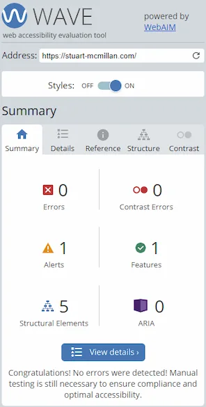 Accessibility check by the WebAim WAVE tool, showing zero errors