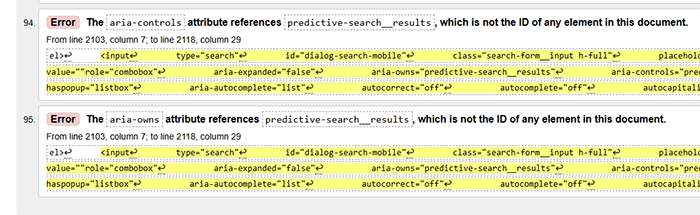 A screenshot from the W3C HTML validator results for the RNIB shop homepage showing 95 issues